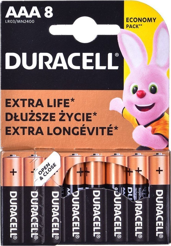 Bateri alkaline Duracell AAA, 1.5V, set 8 copë