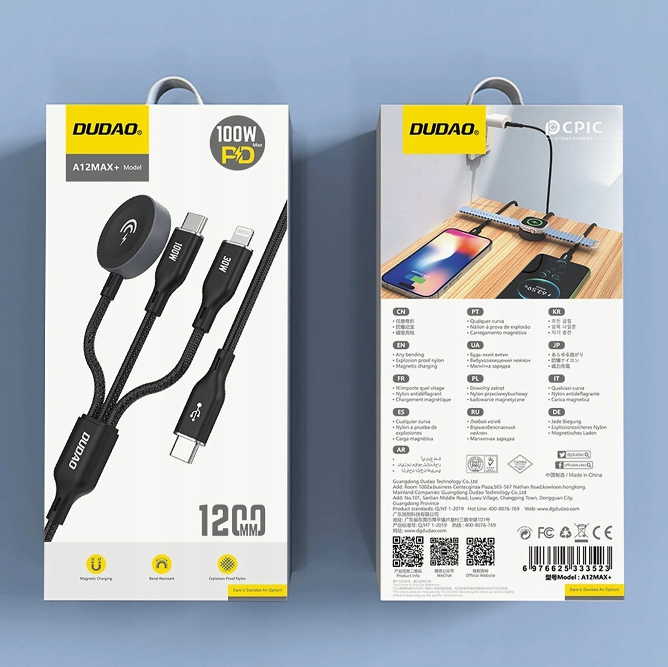 Kabllo karikimi Dudao A12Max+, 3 në 1, 100W PD, 1.2m, e zezë
