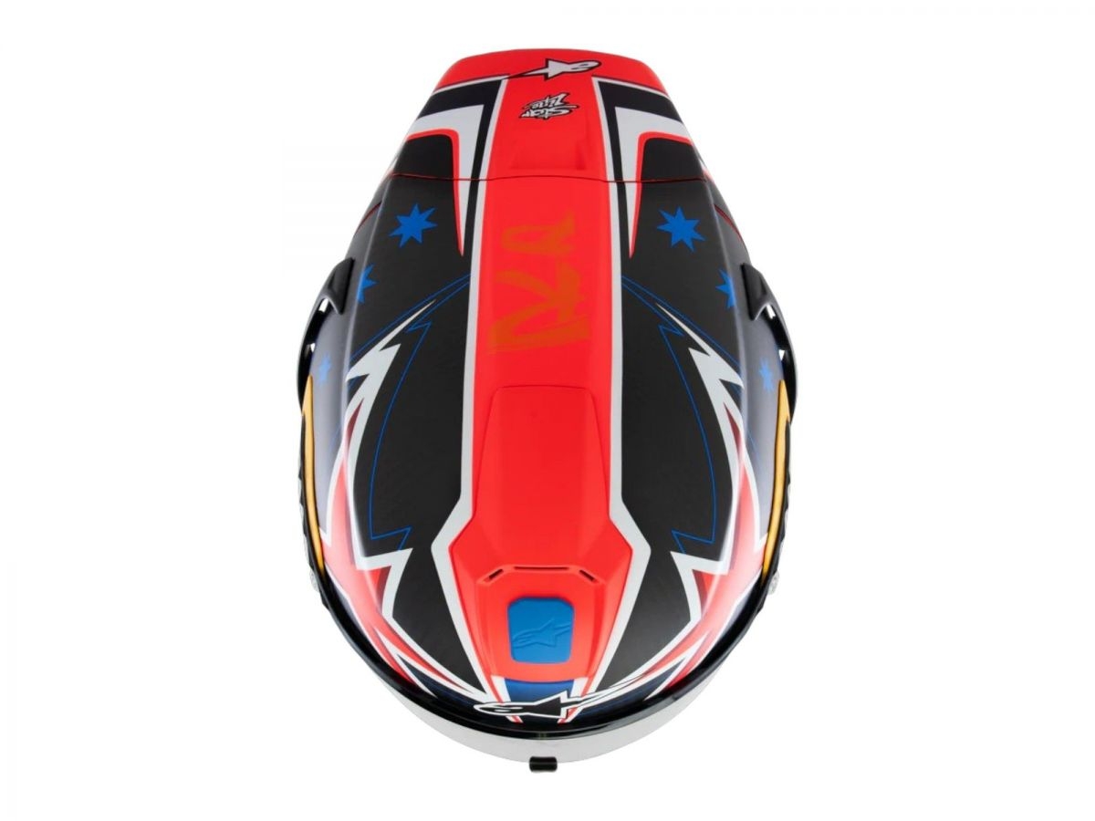 Helmeta moto Alpinestars Supertech R10 Miller Limited Edition, karboni, rrugë dhe pistë, e zezë me të kuqe fluor dhe blu mat