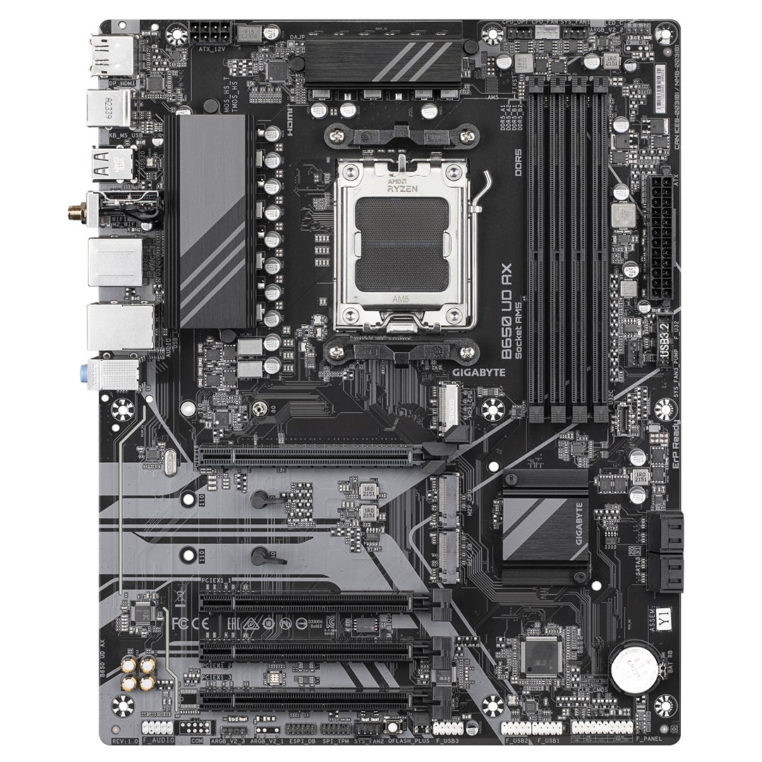 Pllakë amë GIGABYTE B650 UD AX, AMD Ryzen, 9000 Series CPUs, 6+2+2 VRM, 7600MHz, DDR5 (OC), 1xPCIe 5.0 + 2xPCIe 4.0 M.2, GbE LAN, WIFI 6, USB 3.2 Gen 2