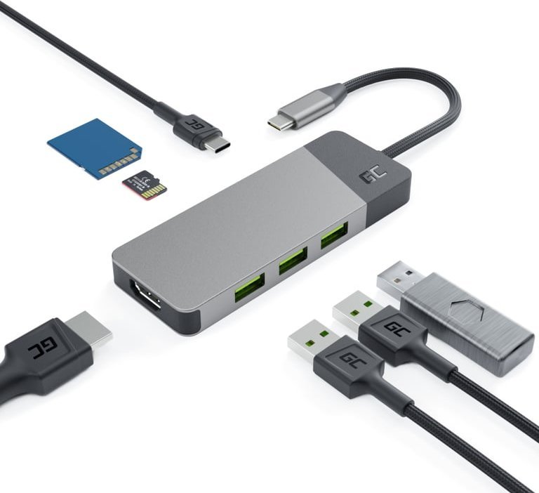 Адаптер USB C Green Cell Connect, хаб 3x USB 3.1, HDMI 4K 60Hz, сив
