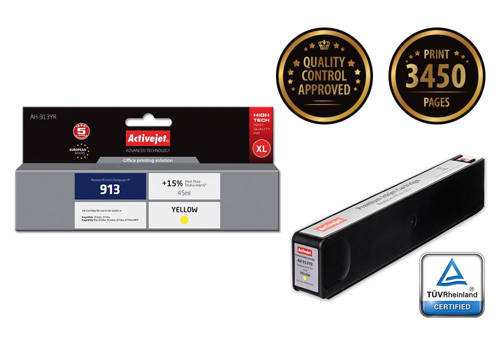 Ngjyrë për printer Activejet AH-913YR (zëvendësim për HP 913 F6T79AE), 45 ml, e verdhë