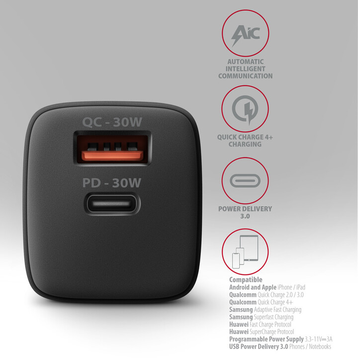 Karikues AXAGON ACU-PQ30, USB-A, USB-C, PD, QC4+, 30W, i zi