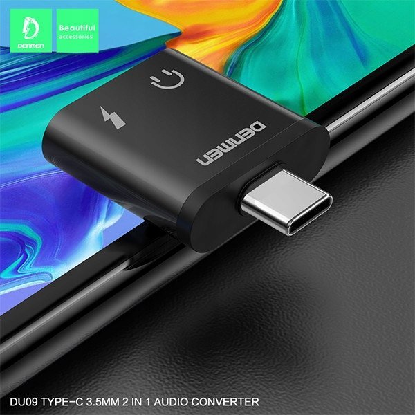 Adapter audio Denmen, USB C në 3.5mm, alumini, i zi