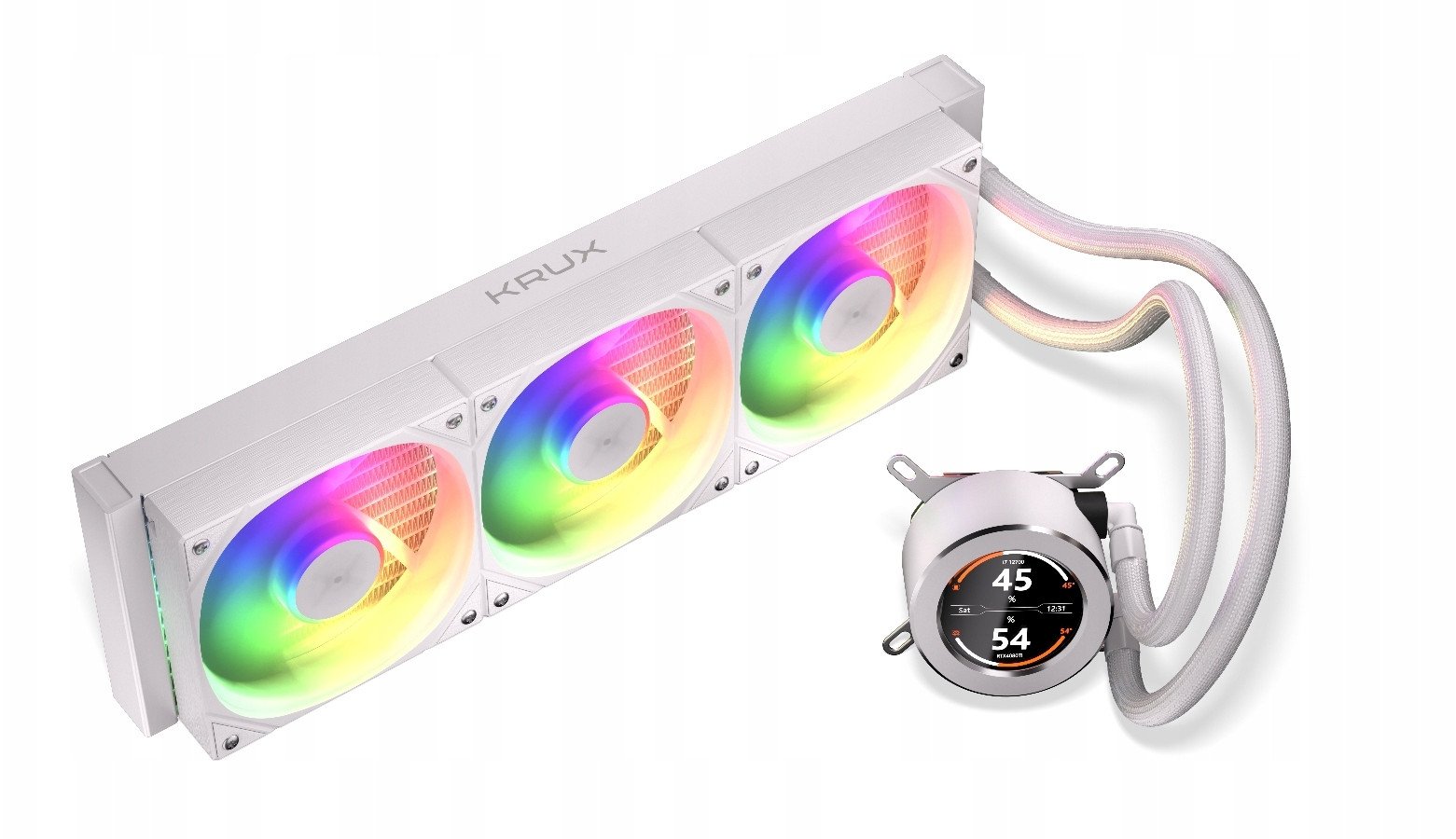 Ftohës uji për CPU Krux HydroGlance 360 LCD, radiator 360 mm, ARGB, i bardhë