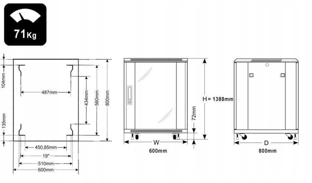 Kabinet rack dyshemeje PULSAR RS2768, 27U, 600x800 mm, i zi