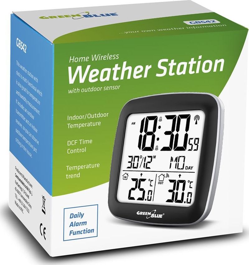 Stacion moti GreenBlue GB542, sensor i jashtëm pa tela, orë radio DCF, i zi