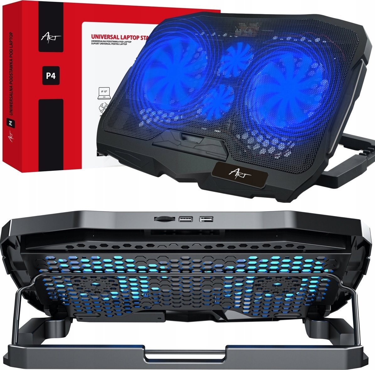 Stendë ftohëse për laptop ART P4, 4 ventilatorë, LED, për 9-17"