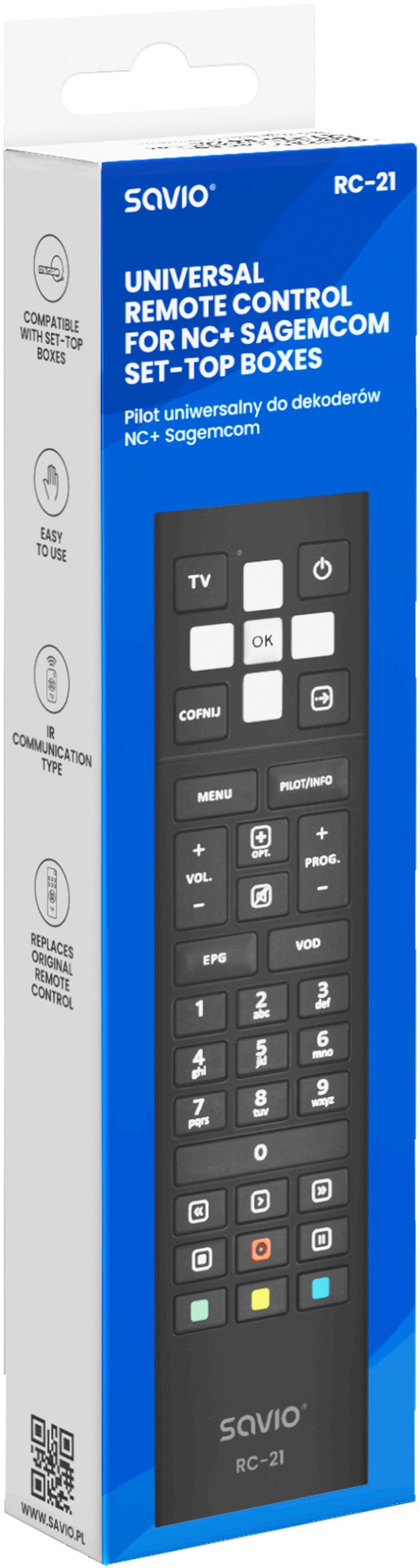 Telekomandë Savio RC-21, për dekoderë NC Plus Sagemcom, infra të kuqe, e zezë