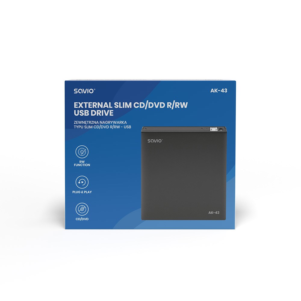 Disk optik i jashtëm SAVIO AK-43, USB 2.0, 24x CD/8x DVD, i zi