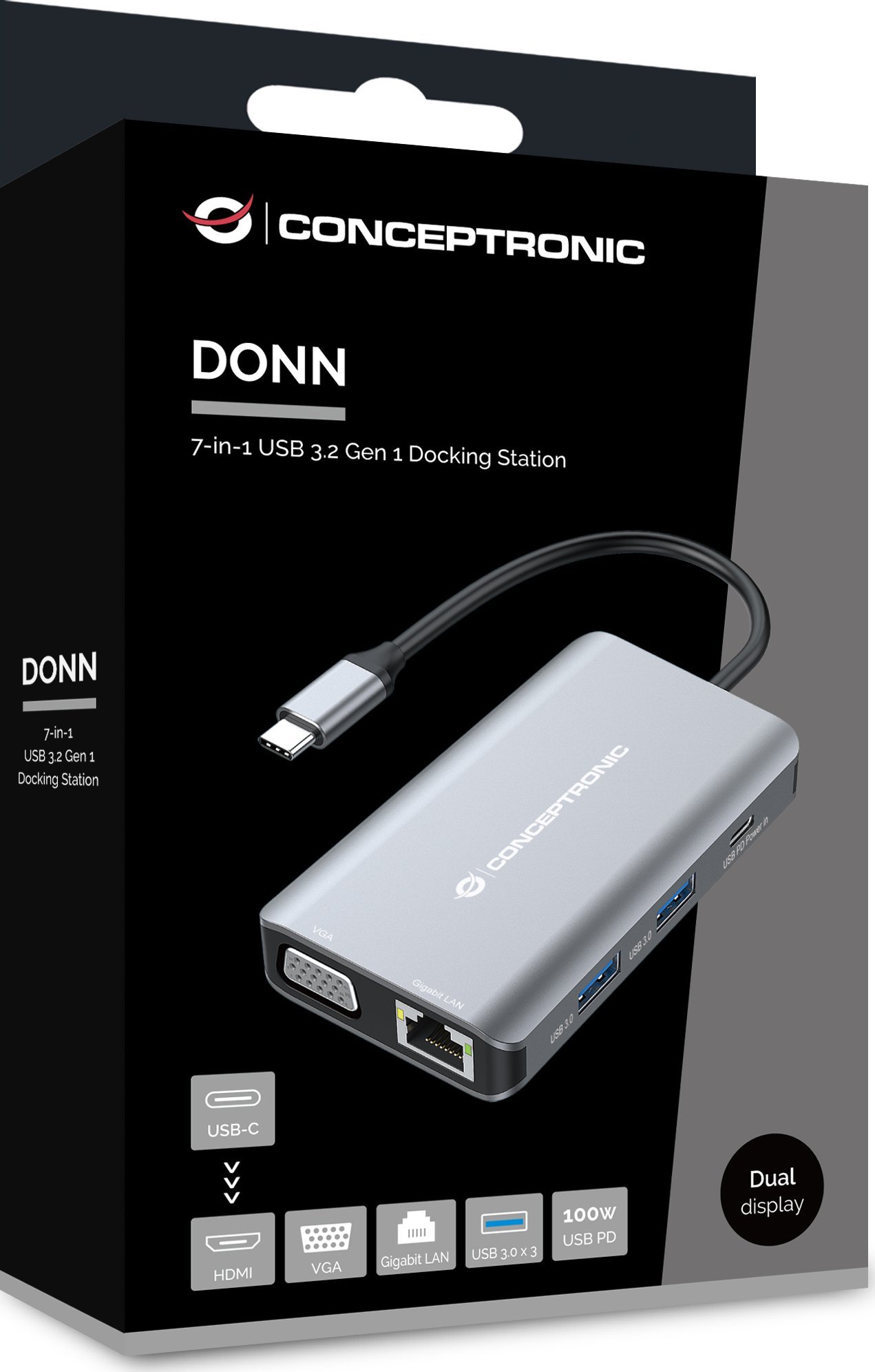Docking station Conceptronic DONN21G, 7 në 1, HDMI VGA, gri