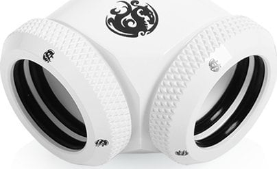 Adapter ftohjeje uji Bitspower Dual Enhance Multi-Link, për tuba 16 mm, kënd 90°, i bardhë