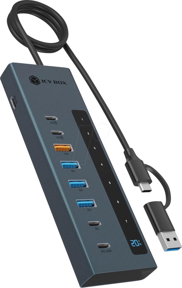 Docking station dhe USB hub Icy Box IB-HUB1743-CPD, USB-C 9 porta, 10 Gbit/s, gri