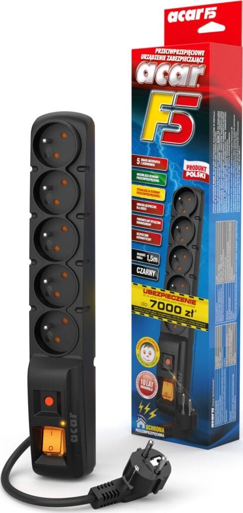 Kabllo zgjatëse Acar F5 (W0099), me mbrojtje kundër mbingarkesës, 5 priza, 1.5 m, e zezë