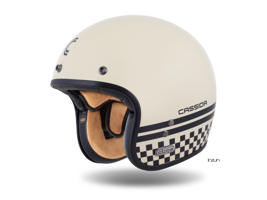 Helmë moto CASSIDA ESO Forty Nine 2026, fiberglass, retro, krem e zezë