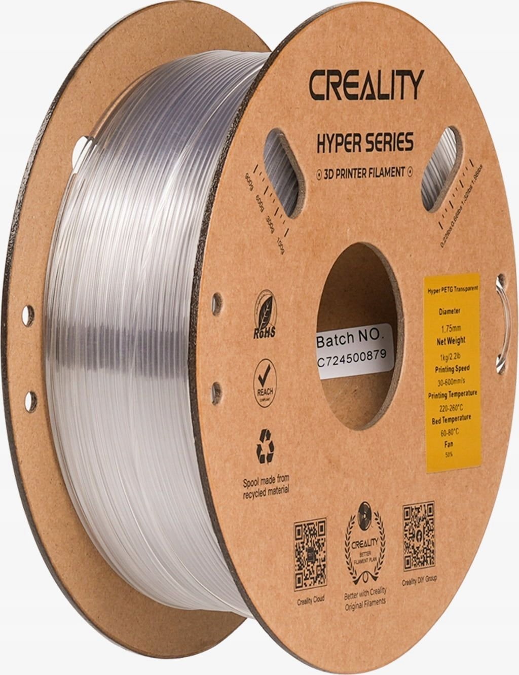 Филамент 3Д Creality Hyper PETG, 1kg, 1.75mm, проѕирен