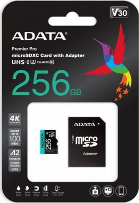 Kartë memorie ADATA Premier Pro, 256GB, MicroSDXC UHS I U3 V30 A2, me adapter SD