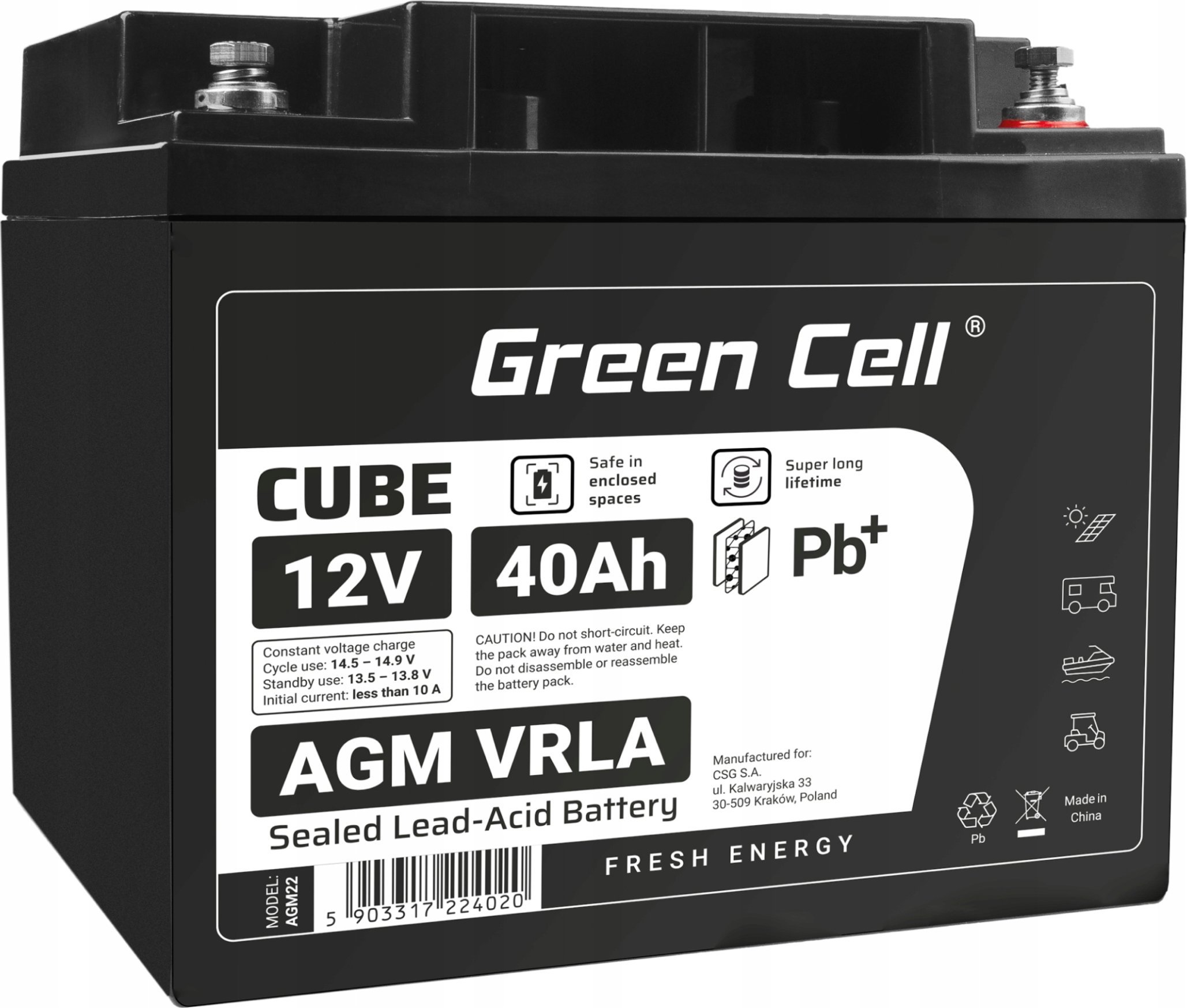 Bateri AGM Greencell 12V 40Ah, pa mirëmbajtje, IP54, gri