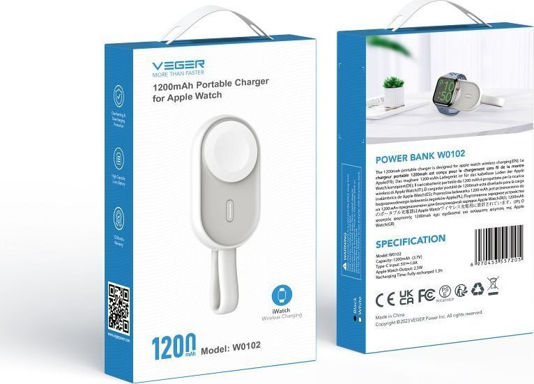 Powerbank Veger Pomme, 1200mAh, karikim wireless për Apple Watch, i bardhë