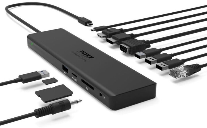 Docking station PORT CONNECT 11në1, 1x4K, RJ45, HDMI, Display Port, VGA, USB-C 100W, 4xUSB-A, micro / SD, i zi