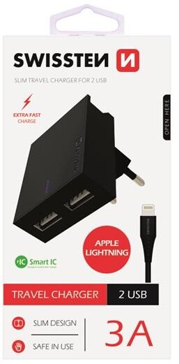 Прикажи детали за Полнач SWISSTEN SMART IC, CE 2x USB 3 A Power + USB, 1,2m, црнa Полнач SWISSTEN SMART IC, CE 2x USB 3 A Power + USB, 1,2m, црнa