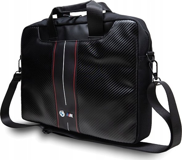 Çantë laptopi BMW BMCB15COMSCAKR, 16", najlon dhe lëkurë ekologjike, e zezë me vija të kuqe