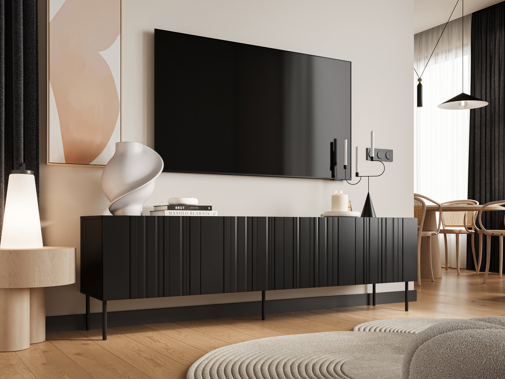 Komodinë TV Cama Meble ISLA, 200x40x60 cm, MDF, e zezë mat