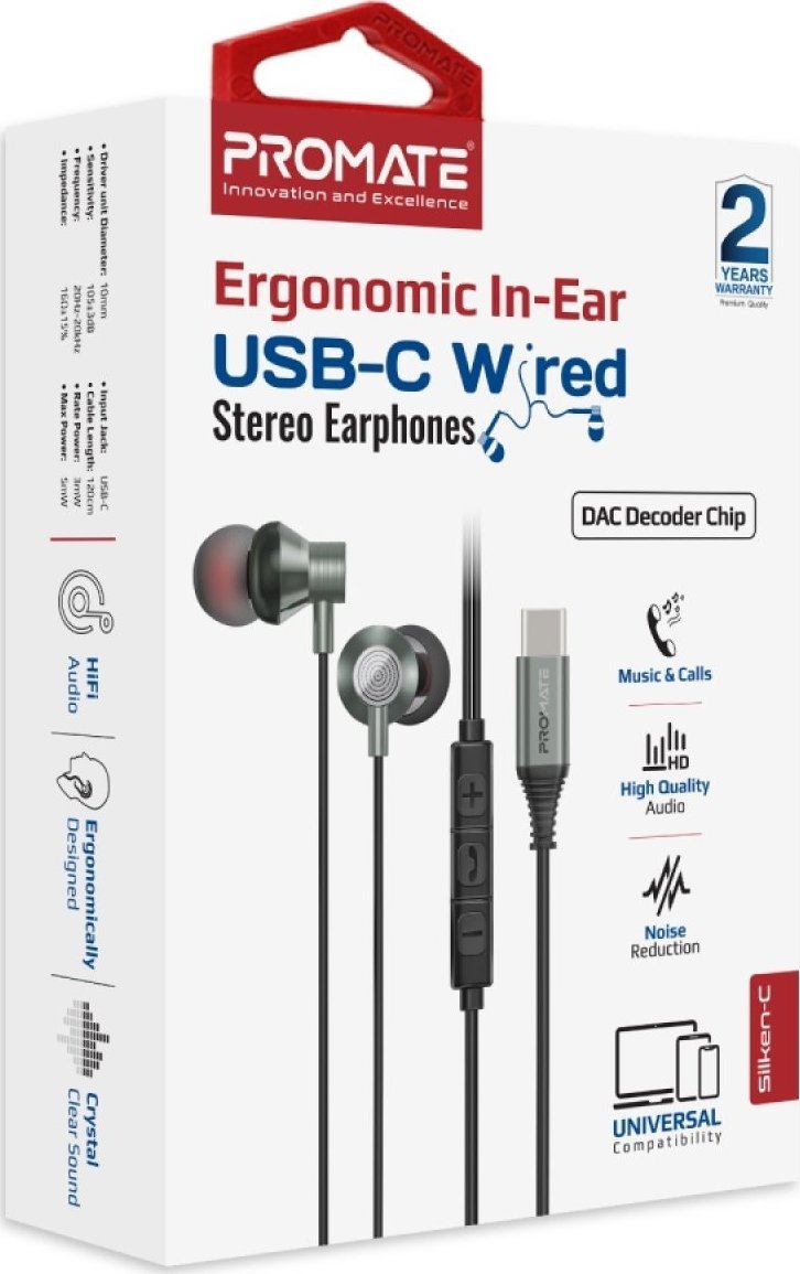 Kufje me kabllo Promate Silken C, USB C, 10mm, gri