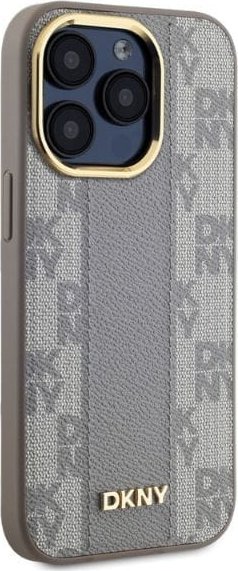 Mbulesë telefon DKNY PU Leather MagSafe për iPhone 15 Pro, dizajn me kuadrate, ngjyrë bezhë