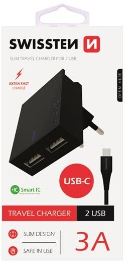 Karikues SWISSTEN SMART IC, CE 2x USB 3 A Power + kabllo e të dhënave USB / Type C, 1.2m, i zi