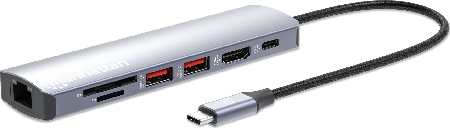 Dock USB C Manhattan 7 në 1, HDMI, Ethernet, USB A, gri
