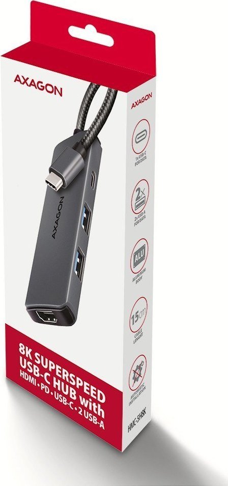USB hub Axagon HMC-5H8K, 5 në 1, HDMI 8K, PD 100W, gri