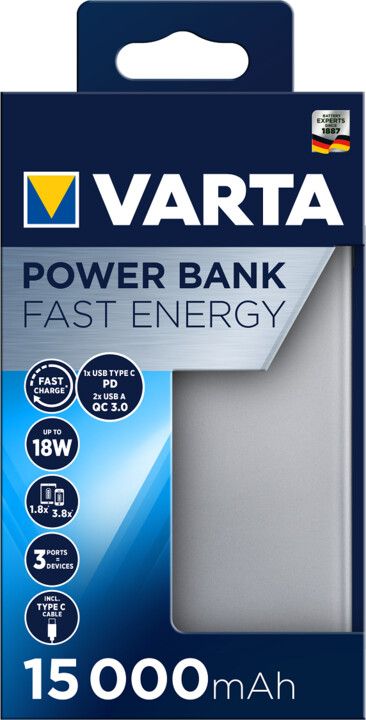 Shfaq detaje për Powerbank VARTA Fast Energy, 15000mAh, USB-C, 2x USB 3.0, QC, PD, i hirtë Powerbank VARTA Fast Energy, 15000mAh, USB-C, 2x USB 3.0, QC, PD, i hirtë