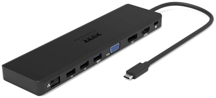Docking station PORT CONNECT 11në1, 1x4K, RJ45, HDMI, Display Port, VGA, USB-C 100W, 4xUSB-A, micro / SD, i zi