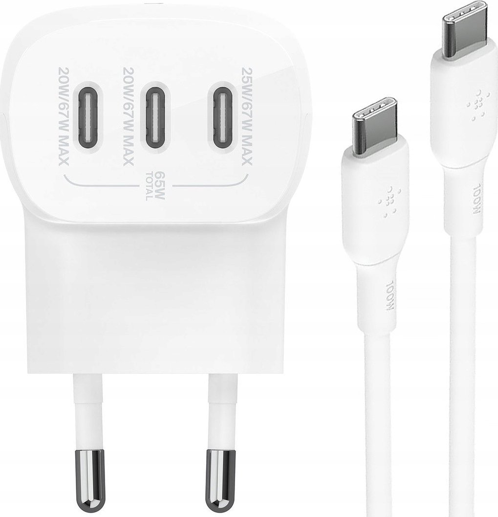 Karikues muri Belkin BoostCharge, 3 porta USB C, 67W, i bardhë