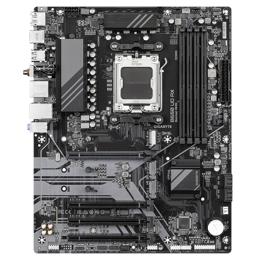 Pllakë amë GIGABYTE B650 UD AX, AMD Ryzen, 9000 Series CPUs, 6+2+2 VRM, 7600MHz, DDR5 (OC), 1xPCIe 5.0 + 2xPCIe 4.0 M.2, GbE LAN, WIFI 6, USB 3.2 Gen 2
