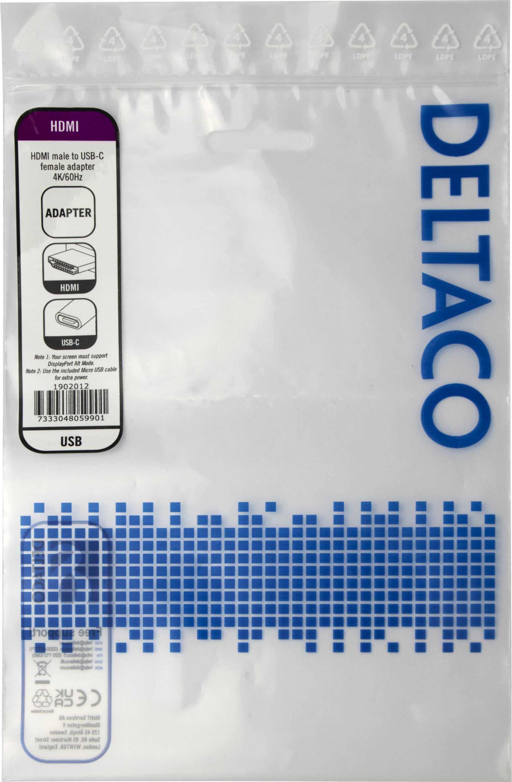 Adapter USB C në HDMI Deltaco, Alt Mode DisplayPort, 4K 60Hz, 20cm, i zi