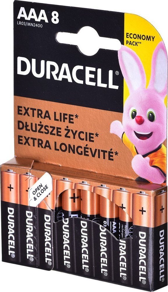 Bateri alkaline Duracell AAA, 1.5V, set 8 copë