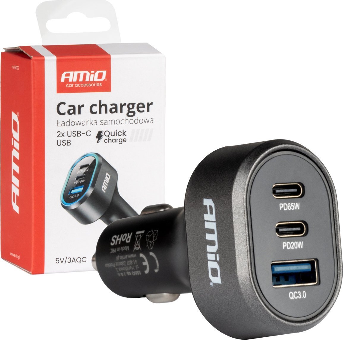 Ngarkues makine AMiO 04177, 3 porta USB USB C, Power Delivery, i zi