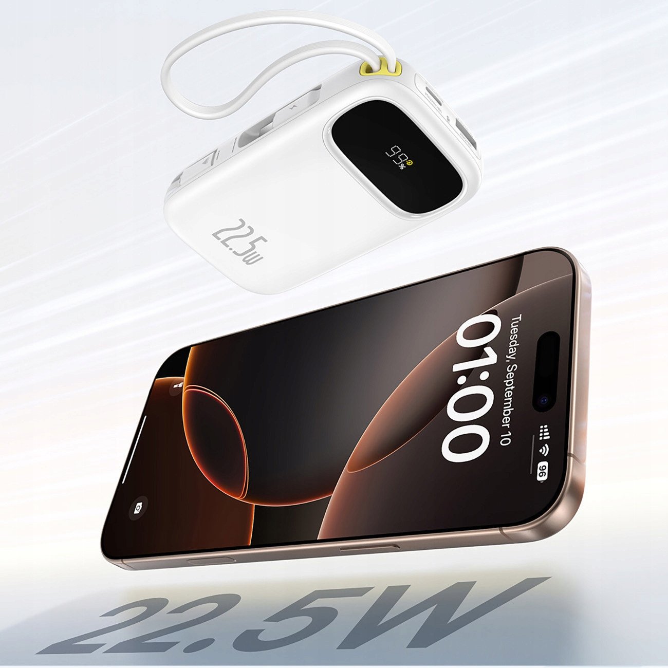 Power bank Baseus, 22.5W, 20000mAh, me kabllo USB C dhe Lightning të integruara, i zi