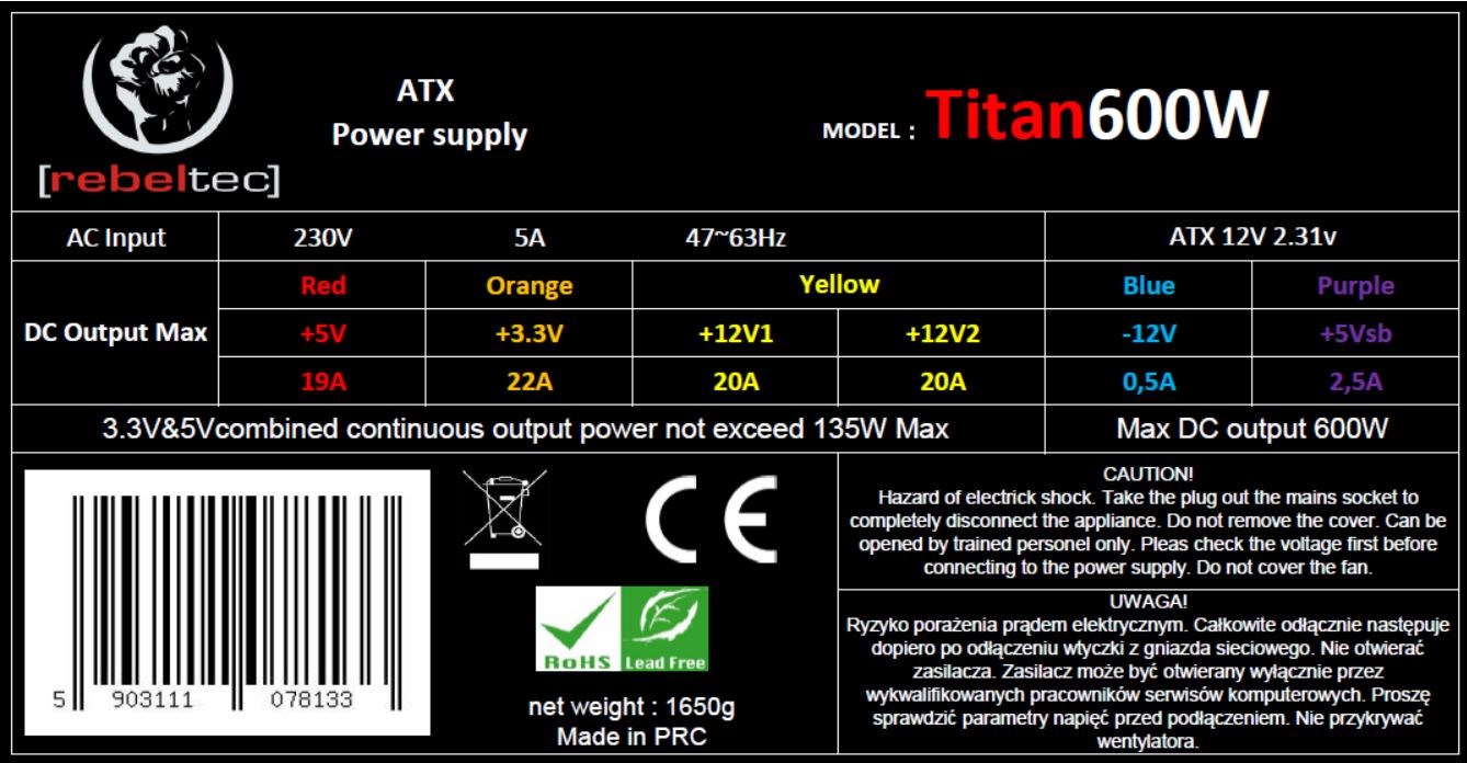 Burim energjie Rebeltec TITAN 600 ATX - 600W