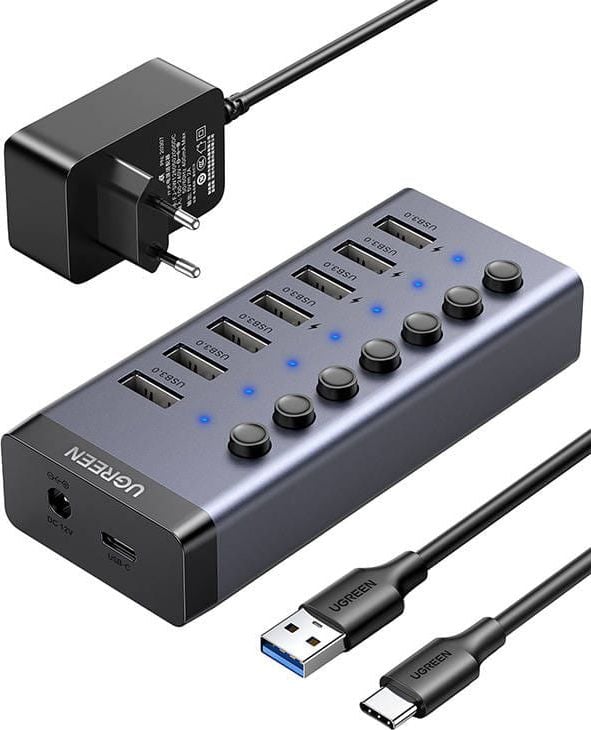 USB HUB Ugreen 7 porta USB A 3.0, me furnizim rryme, i zi