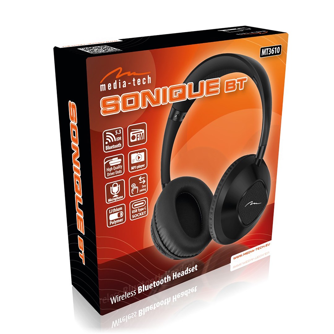 Kufje Bluetooth SONIQUE BT MT3610, me lexues TF 64GB, të zeza