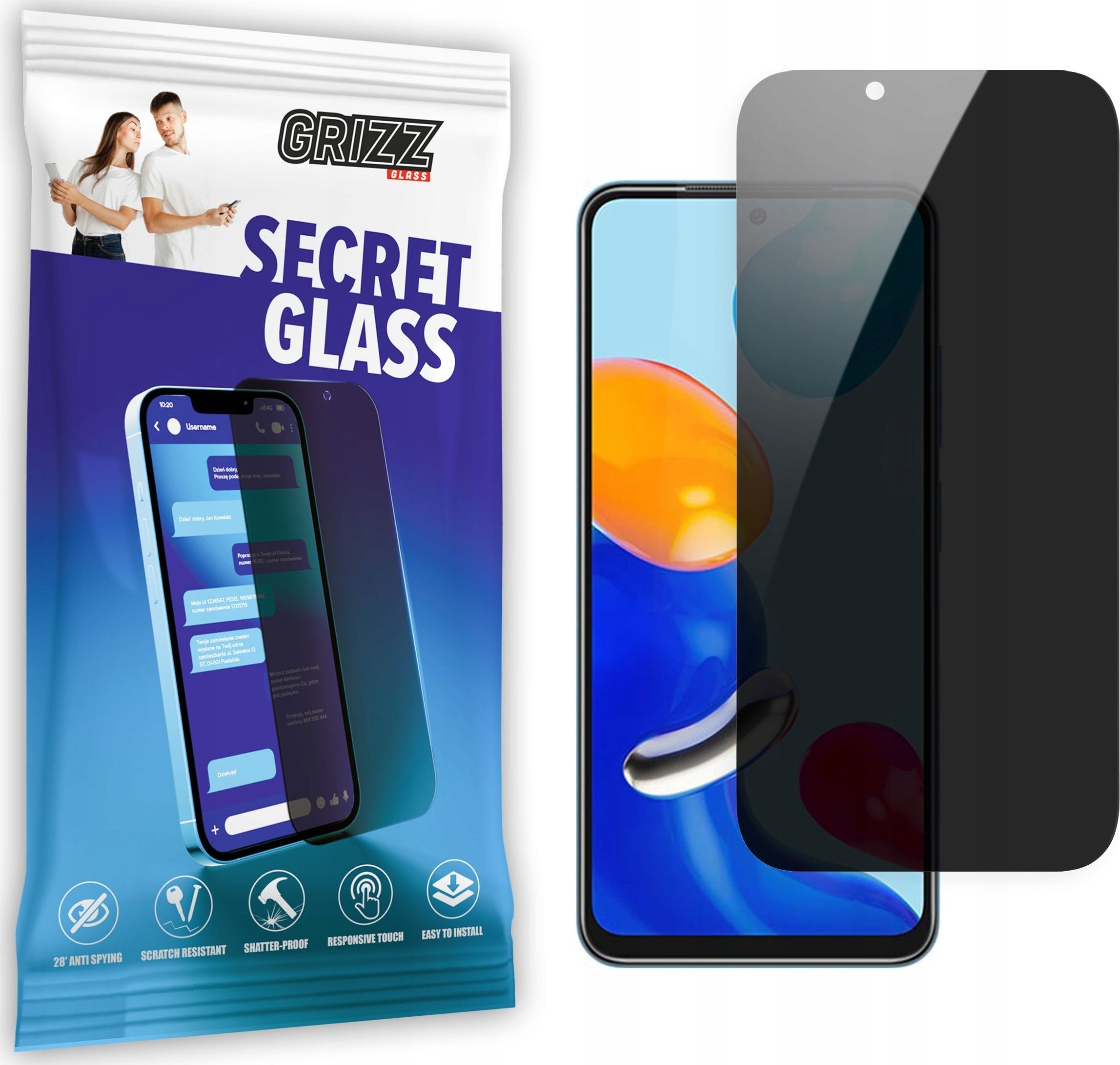 Xham mbrojtës privatësie Grizz SecretGlass për Xiaomi Redmi Note 11 5G, xham qeramik, rezistent ndaj gërvishtjeve, transparent