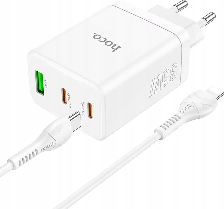 Karikues muri Hoco Mains Charger, 2x Type C, USB A, PD QC 3.0, me kabllo USB C në Lightning, i bardhë