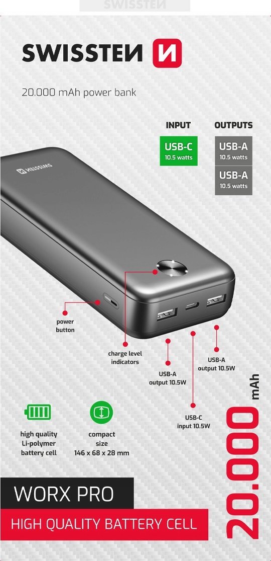 Powerbank Swissten Worx Pro 20000mAh, paketë 2 copë, USB-A USB-C, i zi