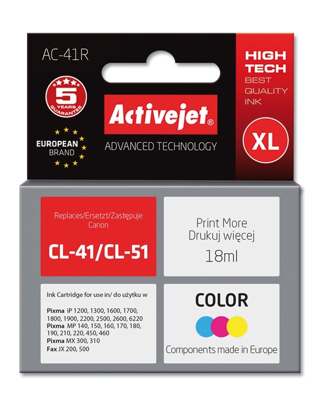 Ngjyrë për printer Activejet AC-41R (zëvendësim për Canon CL-41/CL-51), 18 ml, e kaltër / vjollcë /  e verdhë