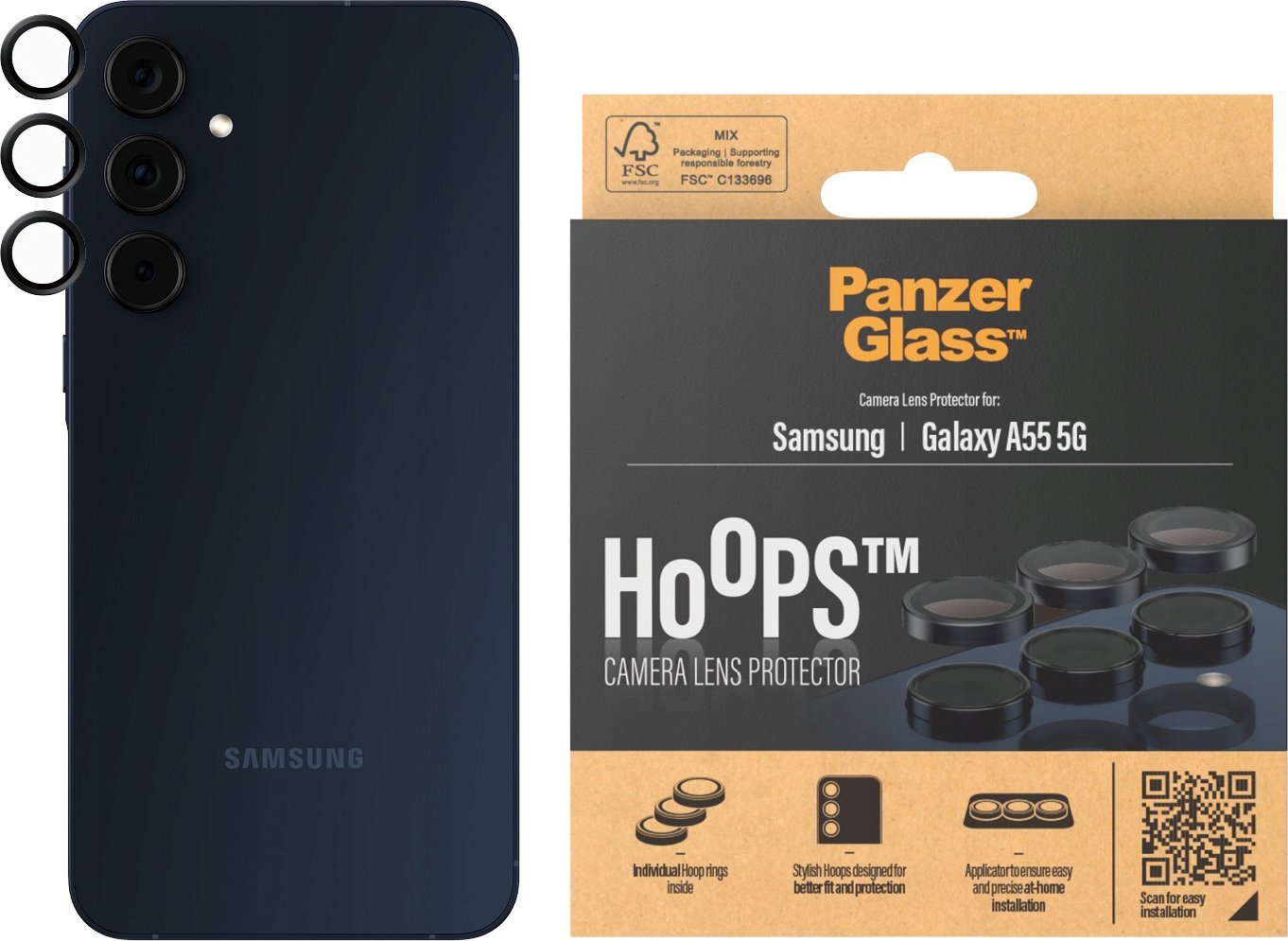Mbrojtës lente PanzerGlass Samsung Galaxy A55 Hoops, set unazash, i zi