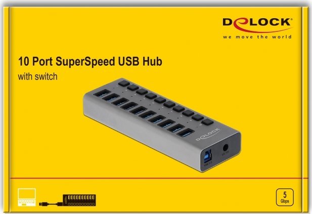 HUB USB Delock 10 porta, USB 3.2 Gen 1, alumini, gri