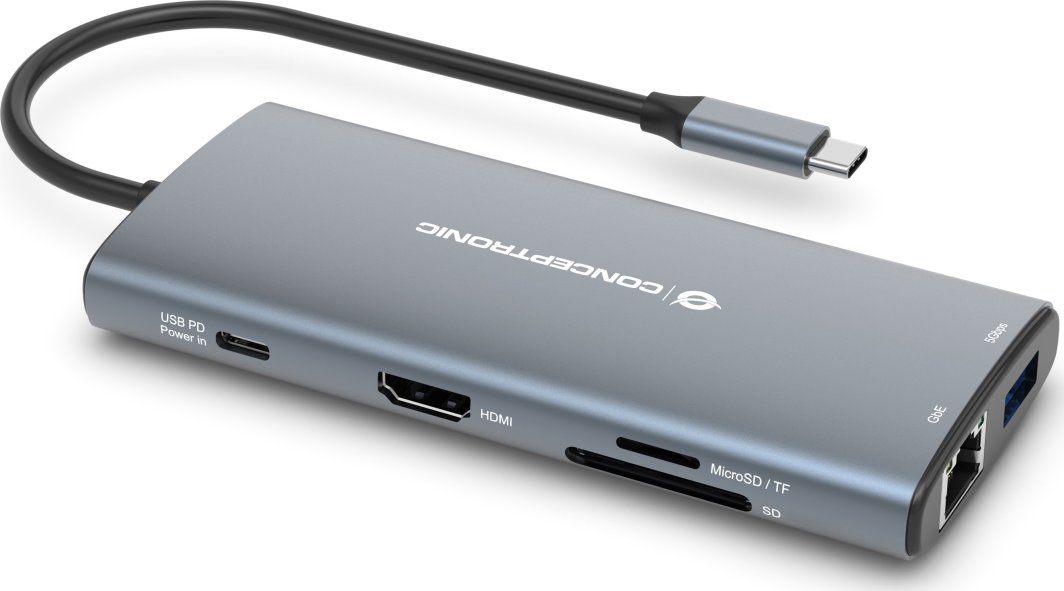 Docking station CONCEPTRONIC DONN06G, 10 në 1, USB 3.2 Gen 1, HDMI, USB-C PD 100W, gri